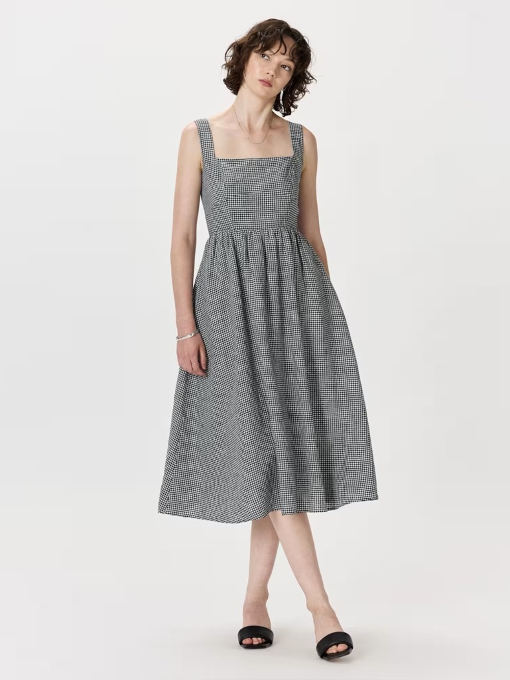 Quince 100% European Linen Fit & Flare Midi Dress in Classic Mini Gingham